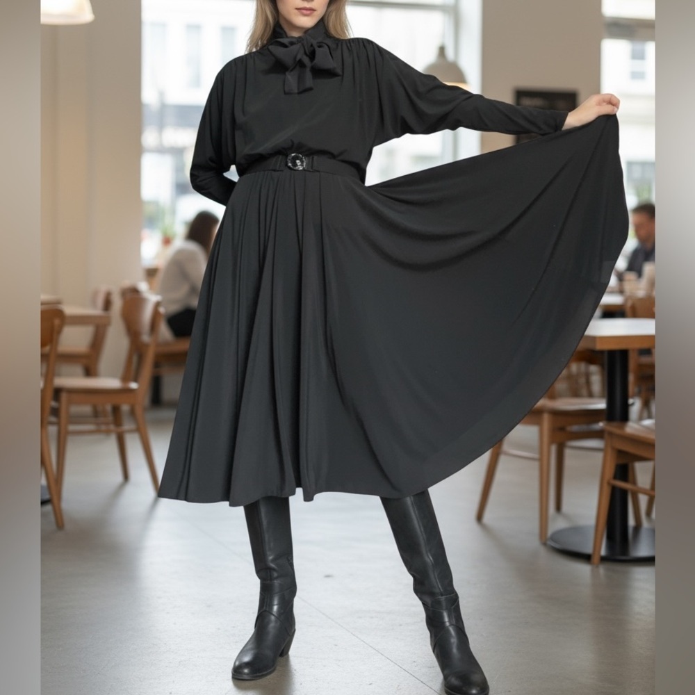 Vintage 80s Richard Warren Black Jersey Midi Dress Circle Skirt Long Sleeve – M